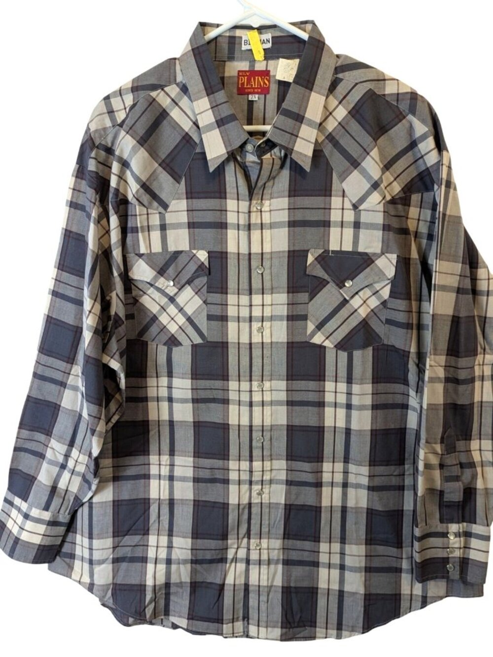 Ely Plains 2X Western Shirt Pearl Snap Gray Plaid Long Sleeve Cowboy Big Men